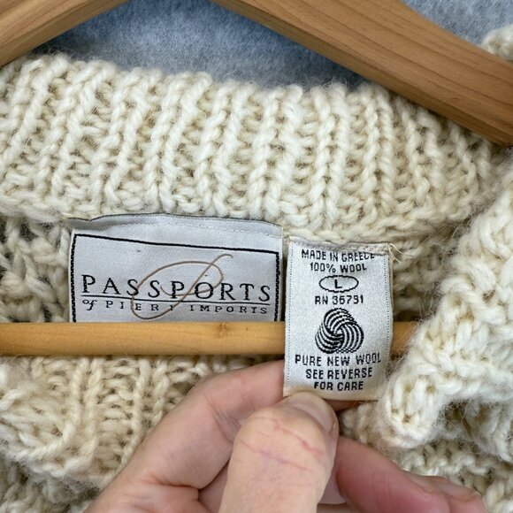 Passports Of Pieri Imports Vintage Cream Cable Knit 100% Wool Sweater Size Large - Picture 3 of 14